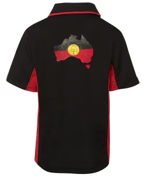 Aboriginal Flag Australia Map Distressed Look Sports Polo (Black with Red Sides, Adult Sizes)