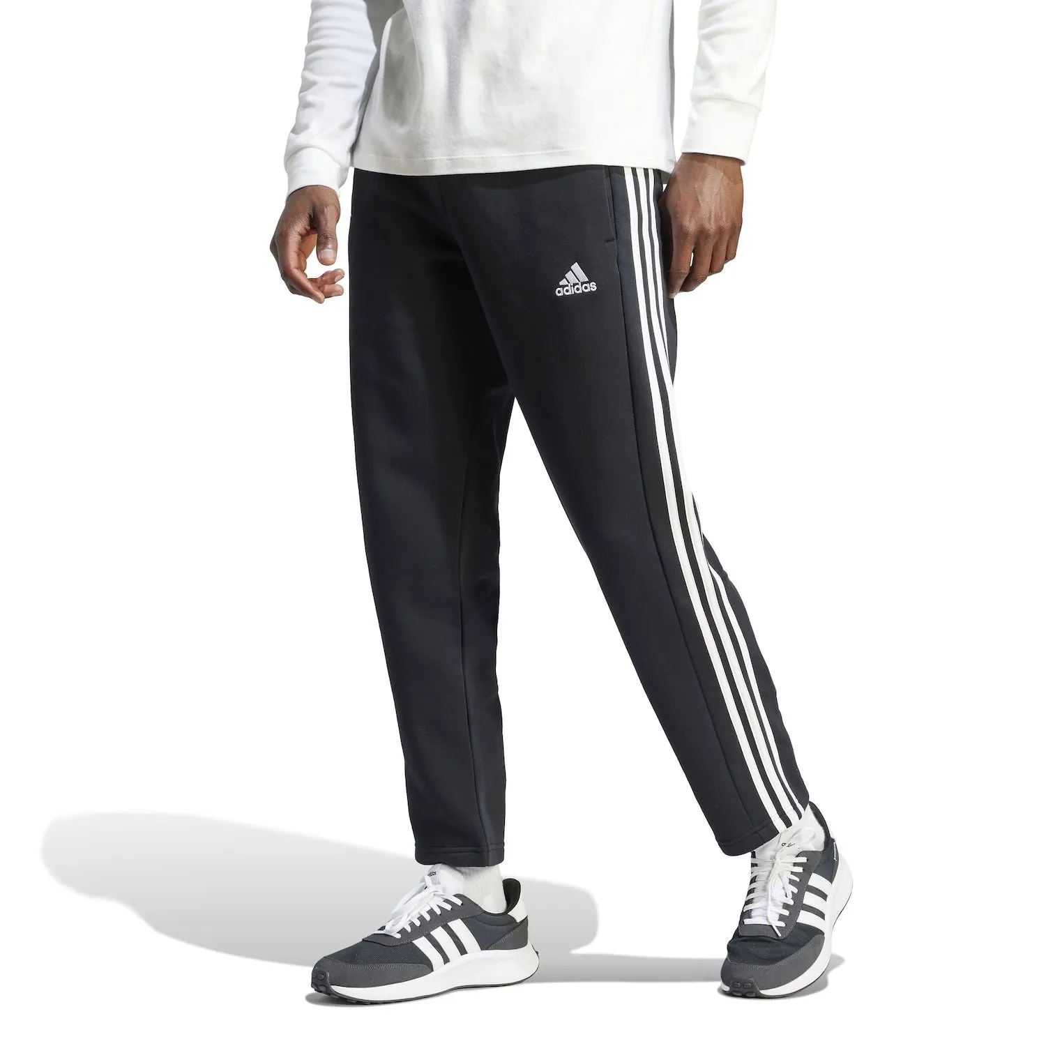 adidas Essentials Men's 3 Stripe Fleece Open Hem Trousers