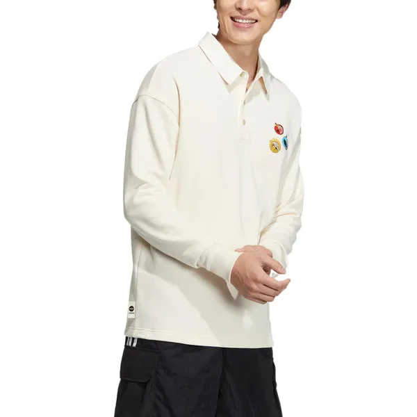 adidas neo x SESAME STREET x JF Crossover Back Logo Printing Pattern Lapel Long Sleeves White Polo Shirt, white