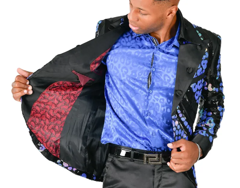 Barabas Men's 'SHINY SERVER' Black/Royal Sequin Blazer