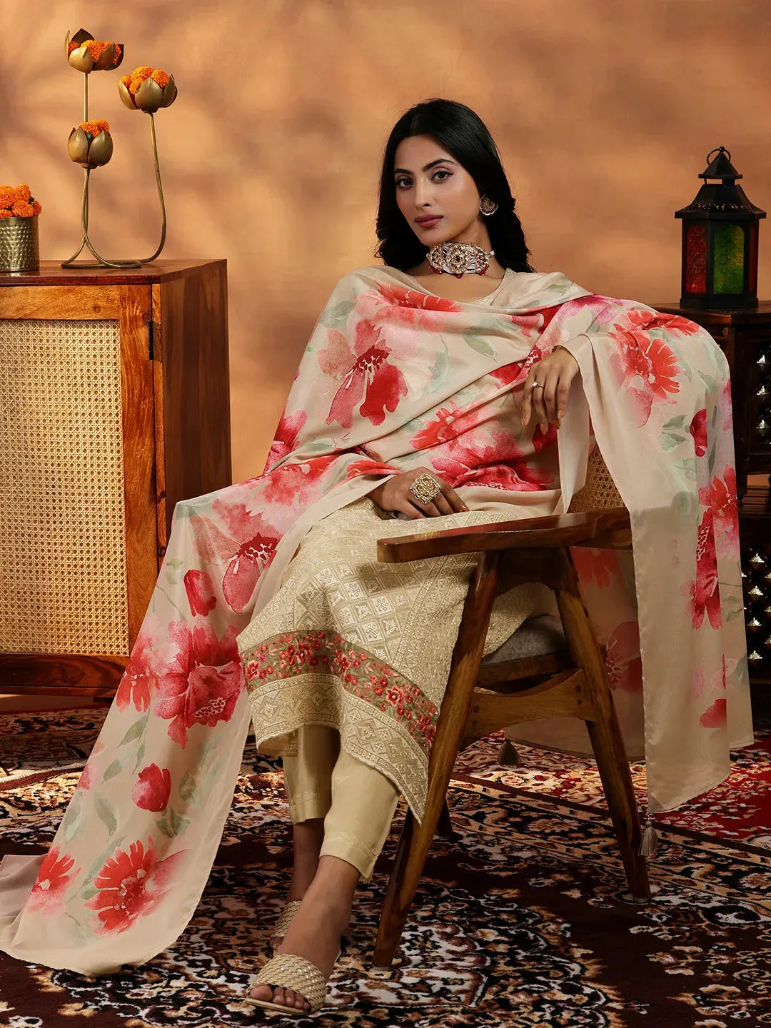 Beige Embroidered Georgette Straight Suit With Dupatta