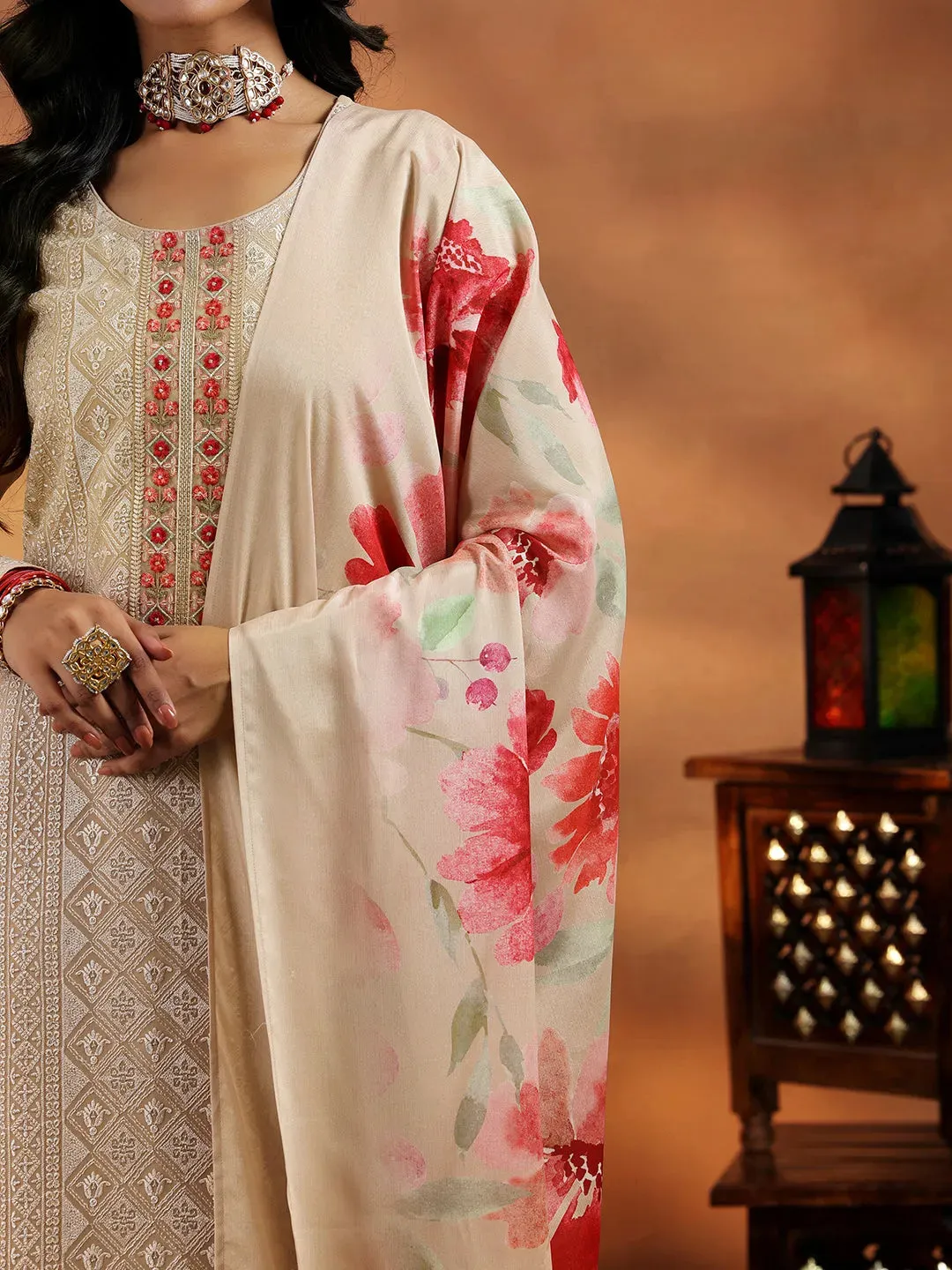 Beige Embroidered Georgette Straight Suit With Dupatta