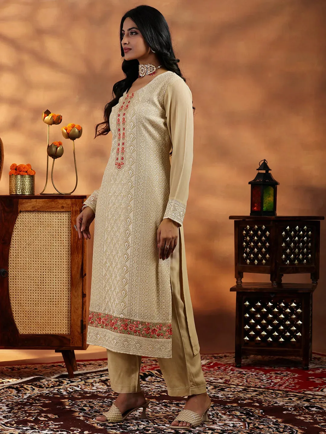 Beige Embroidered Georgette Straight Suit With Dupatta