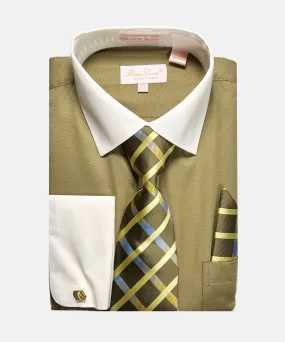 Bruno Conte Solid Regular Fit Dress Shirt Combo - Olive