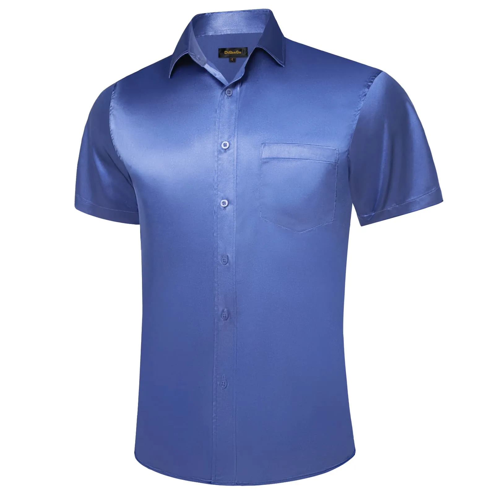 DiBanGu Dress Shirt Summer Deep Blue Solid Silk Men's Short Sleeve Button-Up Shirt