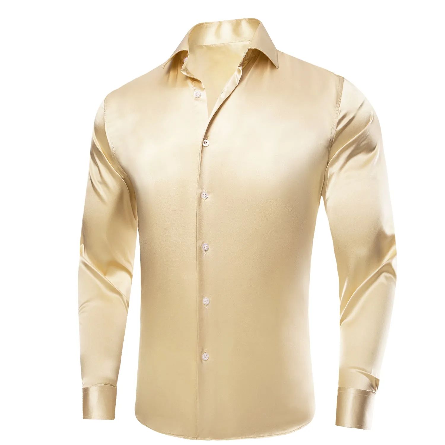 Hi-Tie Beige Shirts Solid Satin Silk Men's Long Sleeve Dress Shirt