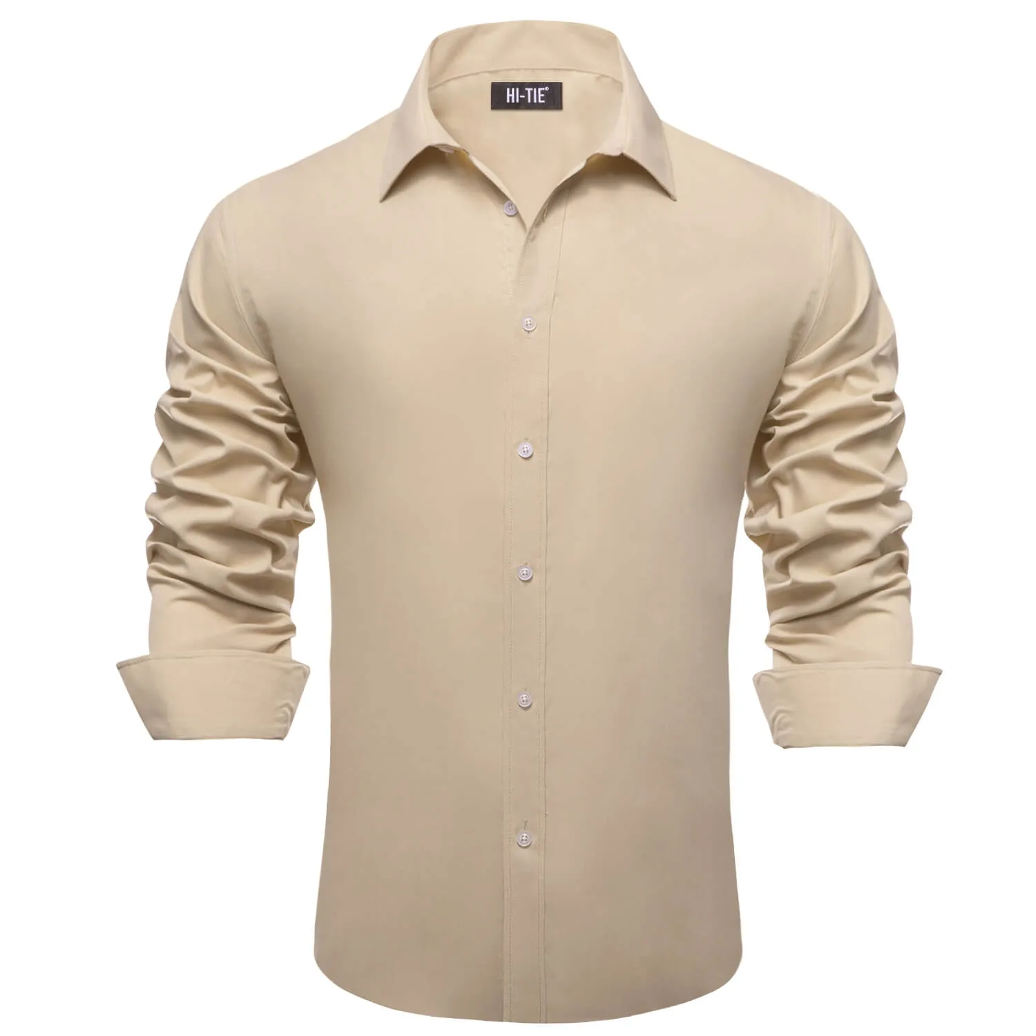 Hi-Tie Long Sleeve Shirt Cream White Solid Spring Mens Dress Shirt