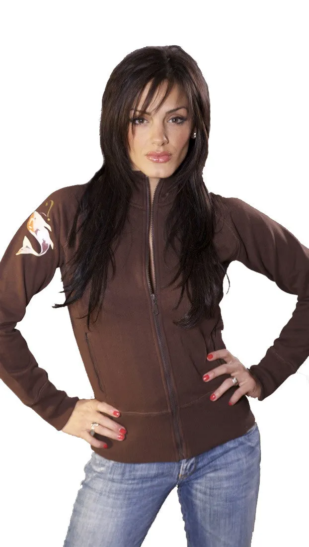 Kissy Kiss Fish Zip Up Track Jacket Sweatshirt in Brown