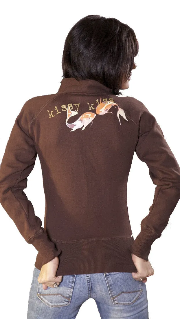 Kissy Kiss Fish Zip Up Track Jacket Sweatshirt in Brown