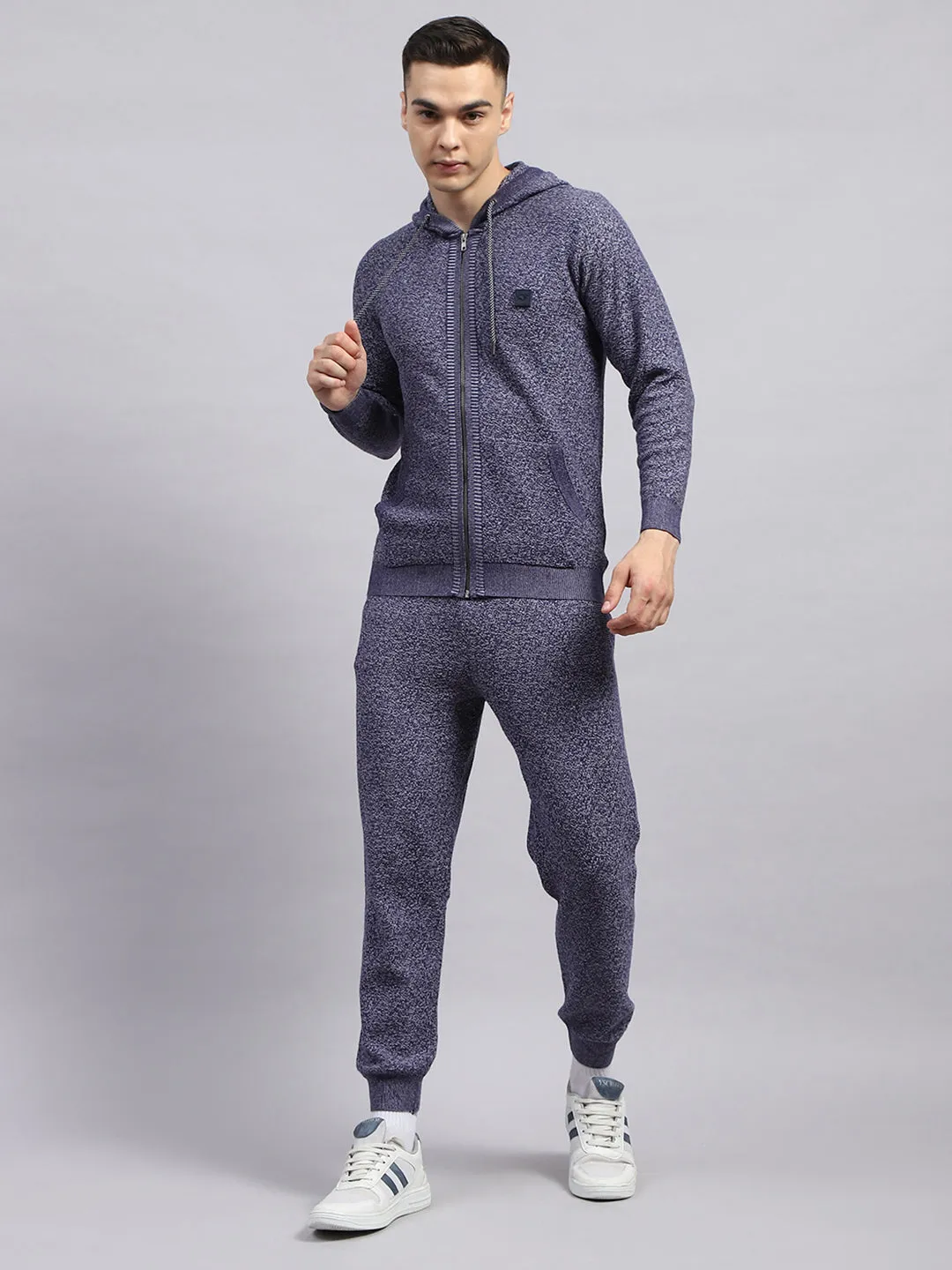 Men Blue Self Design Hooded Full Sleeve Winter Tracksuit