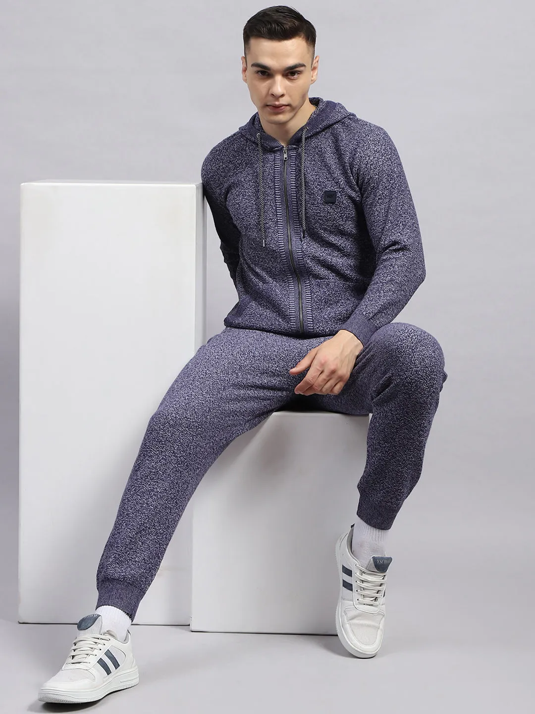 Men Blue Self Design Hooded Full Sleeve Winter Tracksuit