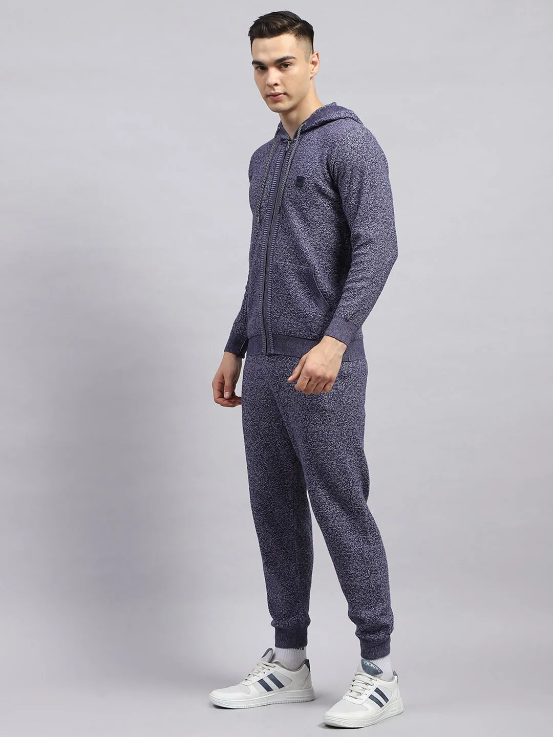 Men Blue Self Design Hooded Full Sleeve Winter Tracksuit