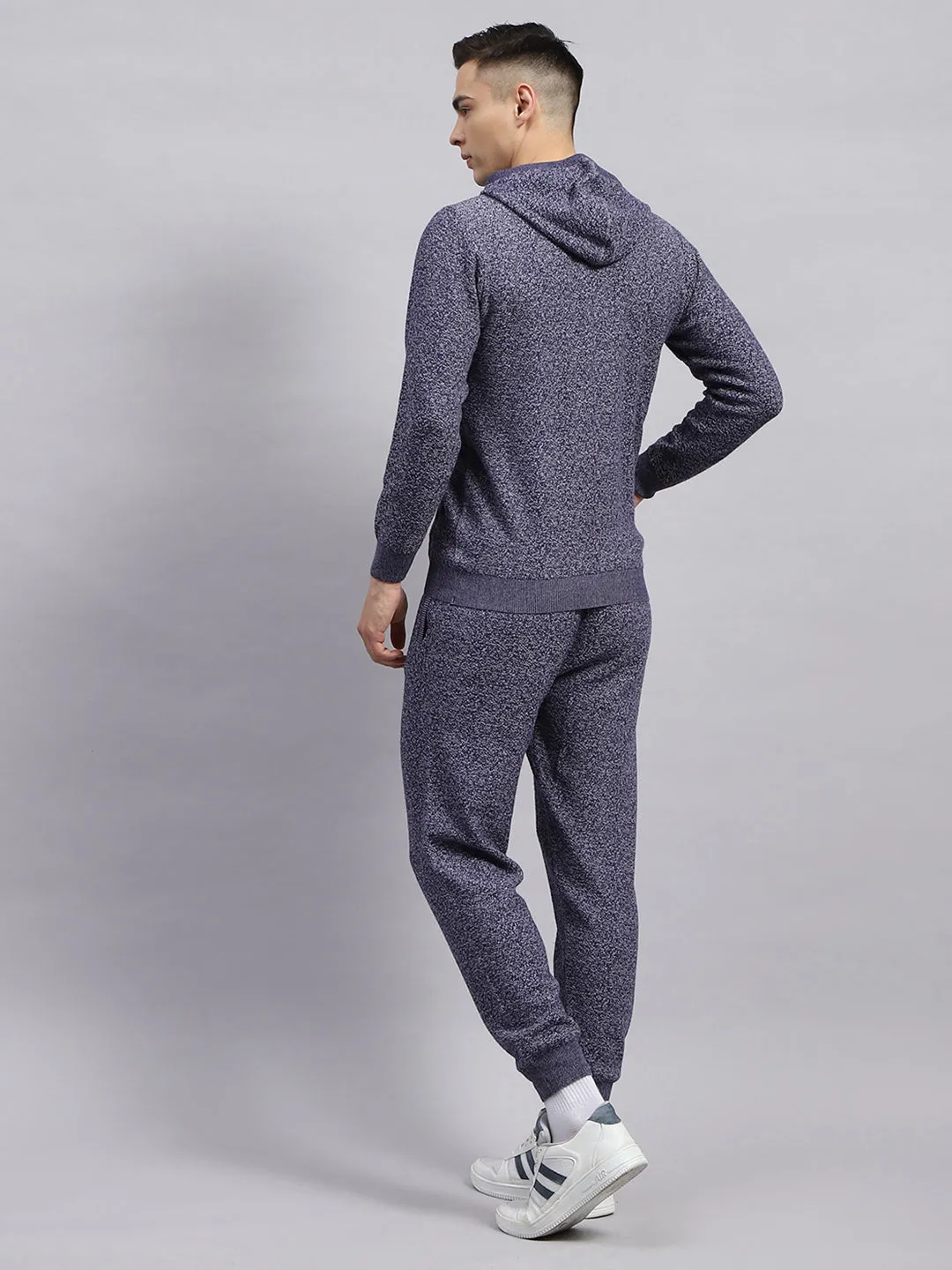 Men Blue Self Design Hooded Full Sleeve Winter Tracksuit