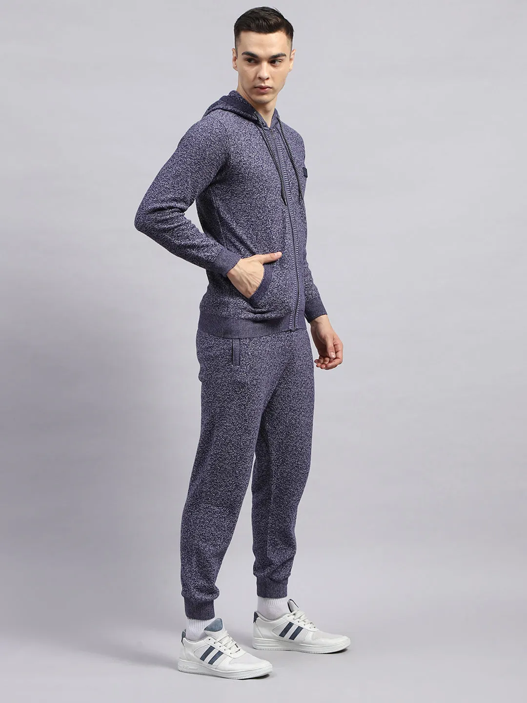 Men Blue Self Design Hooded Full Sleeve Winter Tracksuit