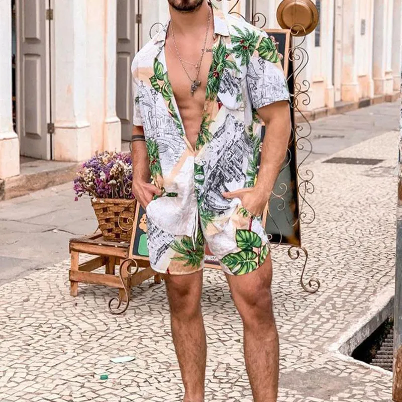 Men Printed Color Matching Casual Two-Piece Suit