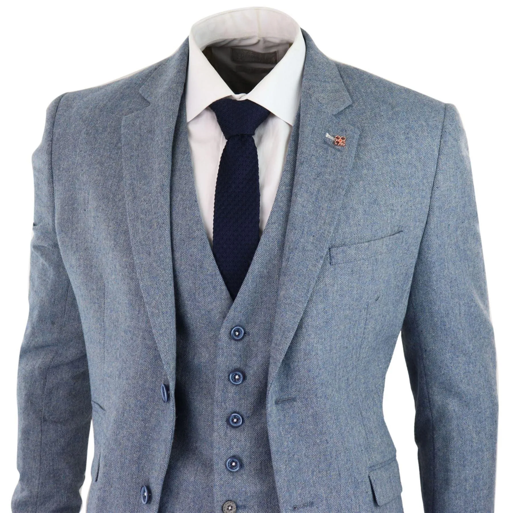 Mens 3 Piece Wool Suit Light Blue Tweed Vintage 1920s Classic 4 Pocket Waistcoat