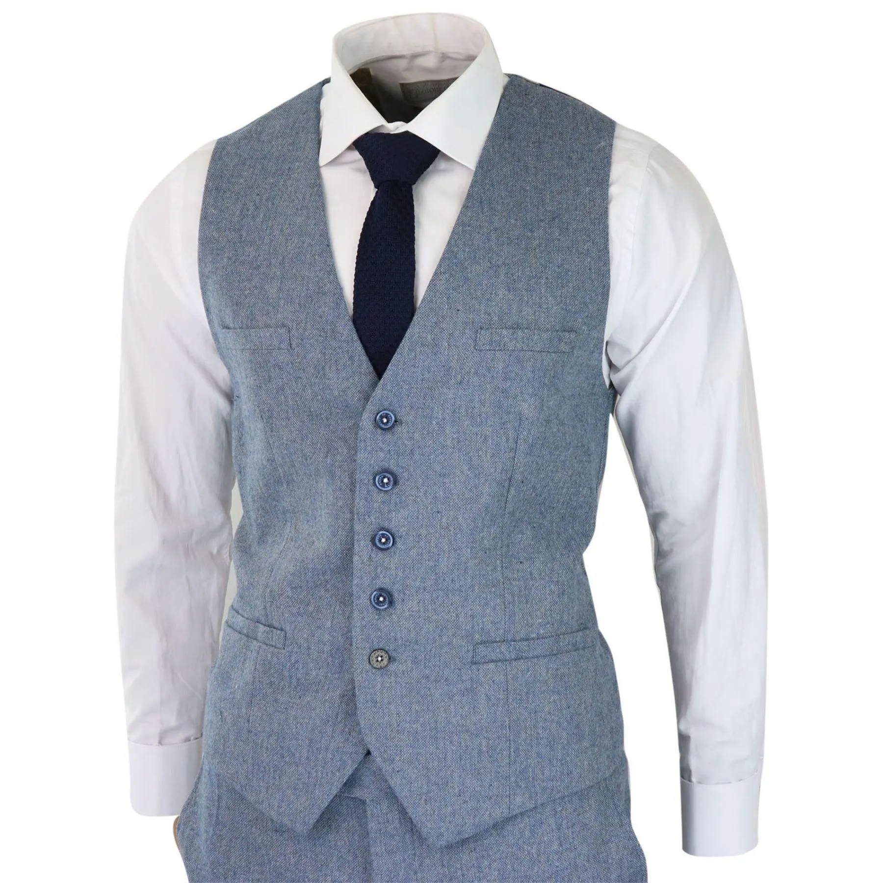 Mens 3 Piece Wool Suit Light Blue Tweed Vintage 1920s Classic 4 Pocket Waistcoat