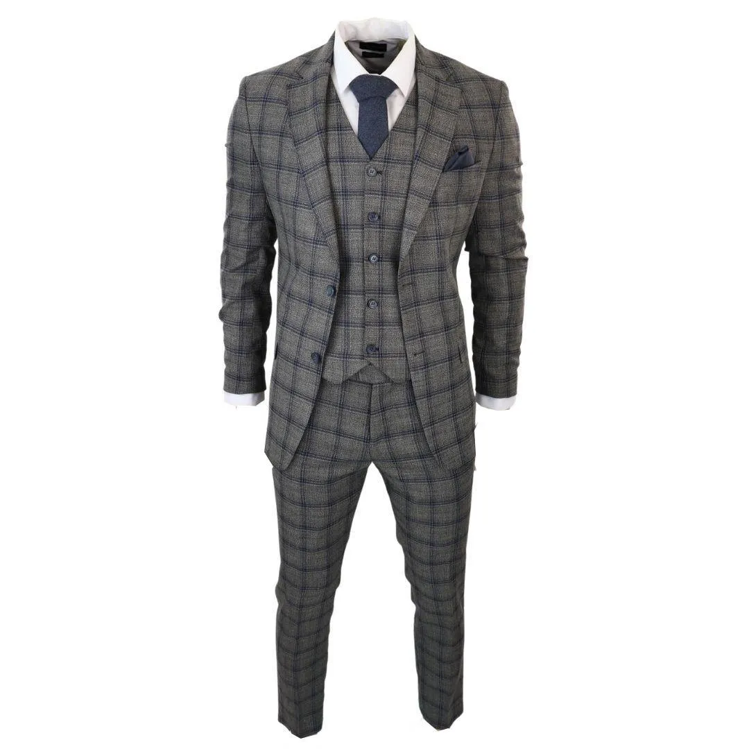 Men's Dark Grey 3 Piece Checked Suit Formal Business Dress Suits