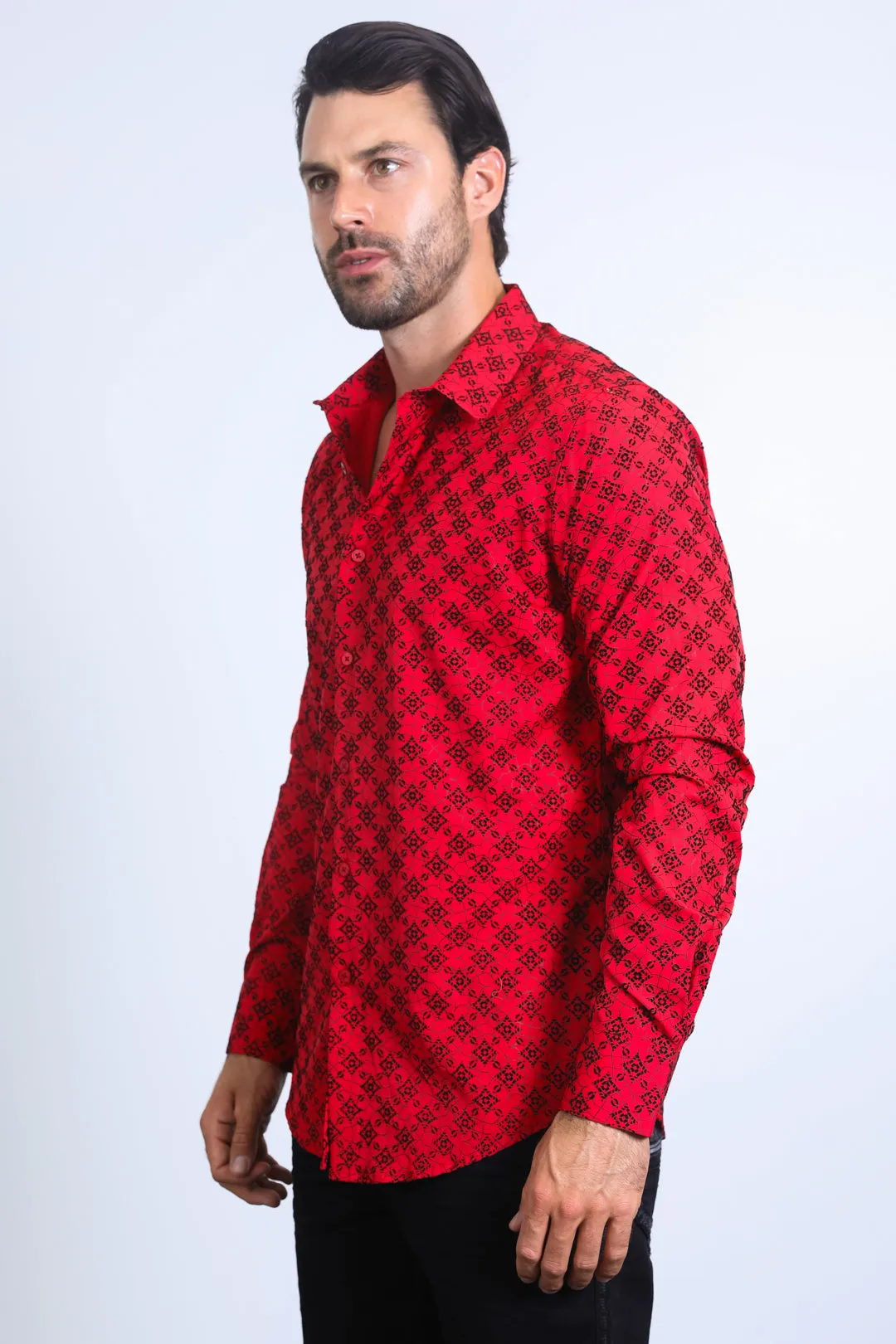 Men's Flocked Style Modern Fit Spandex Red Shirt