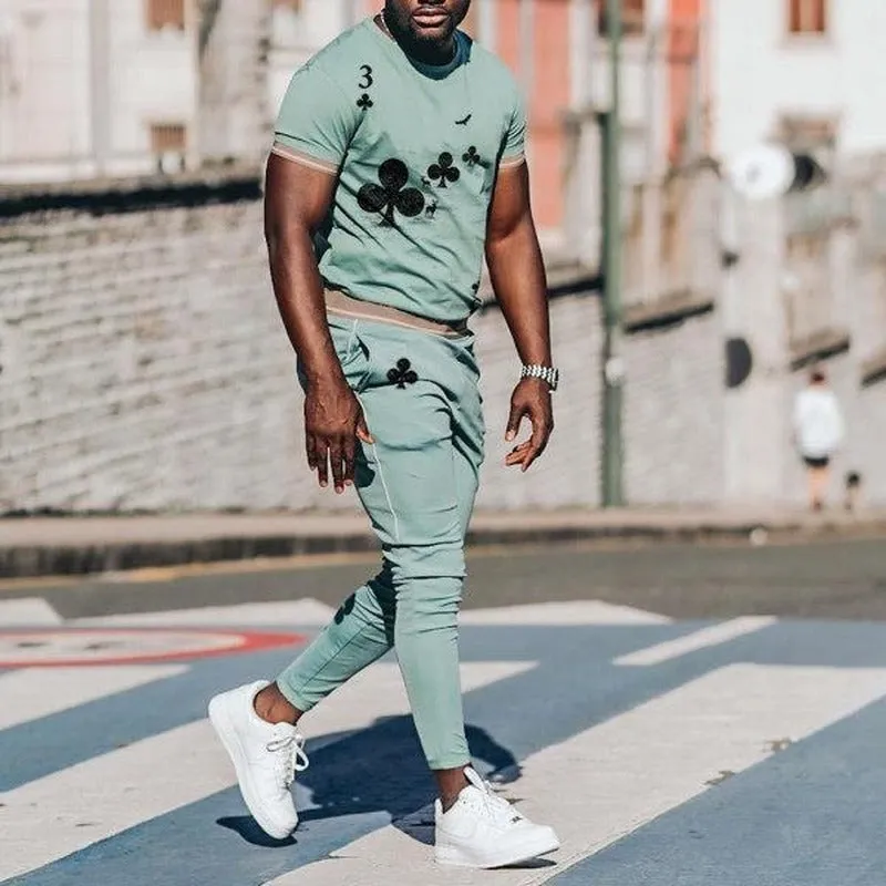 Men'S Green Printed Short-Sleeved T-Shirt And Pants Suit