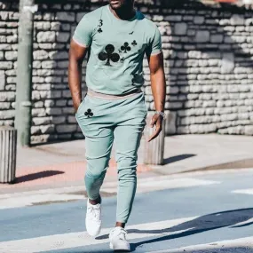 Men'S Green Printed Short-Sleeved T-Shirt And Pants Suit