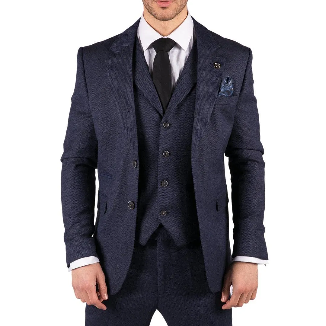 Mens Herringbone Tweed 3 Piece Suit Blue Classic Vintage Tailored Wedding Blinders