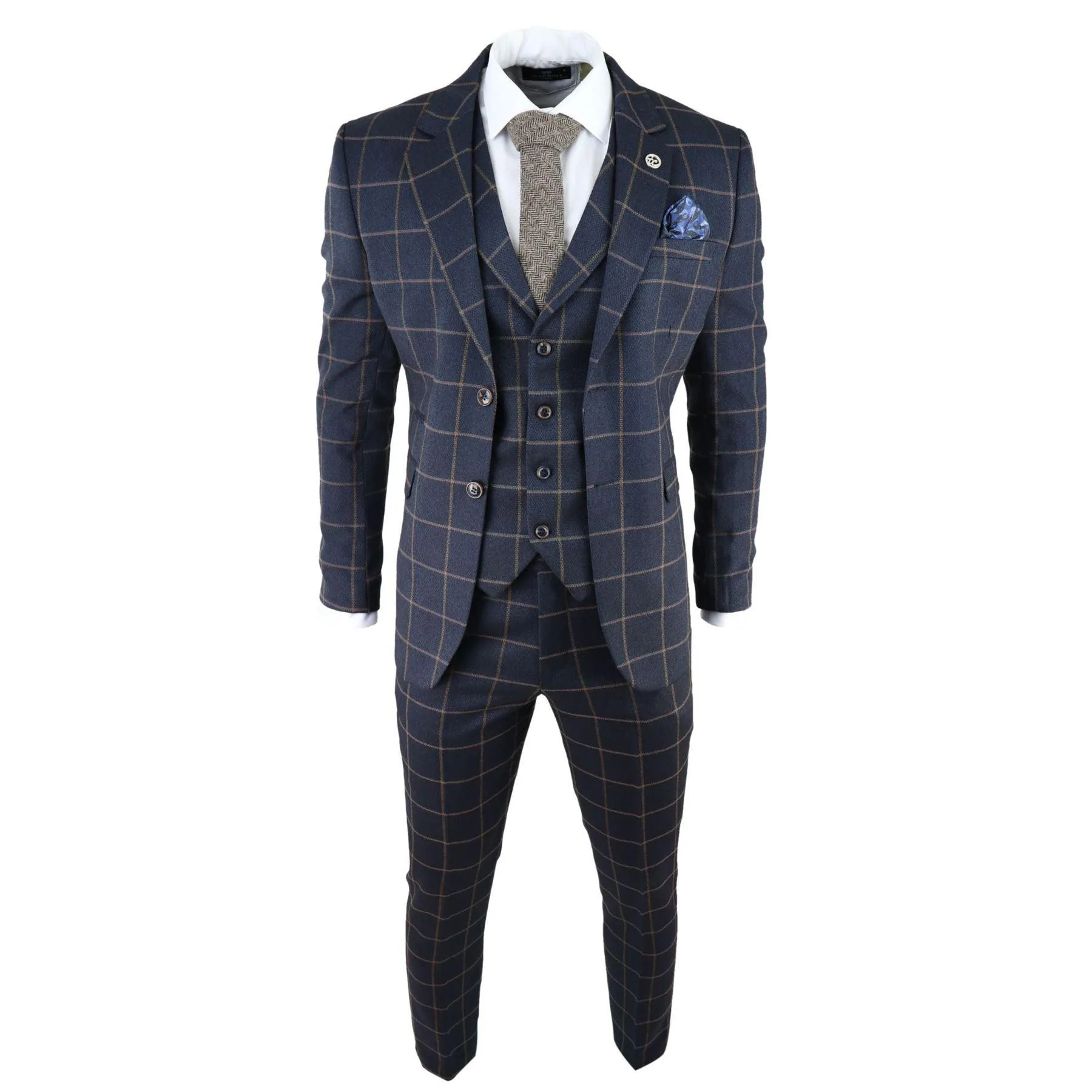 Mens Herringbone Tweed Navy Blue Check 3 Piece Wool Suit Tan