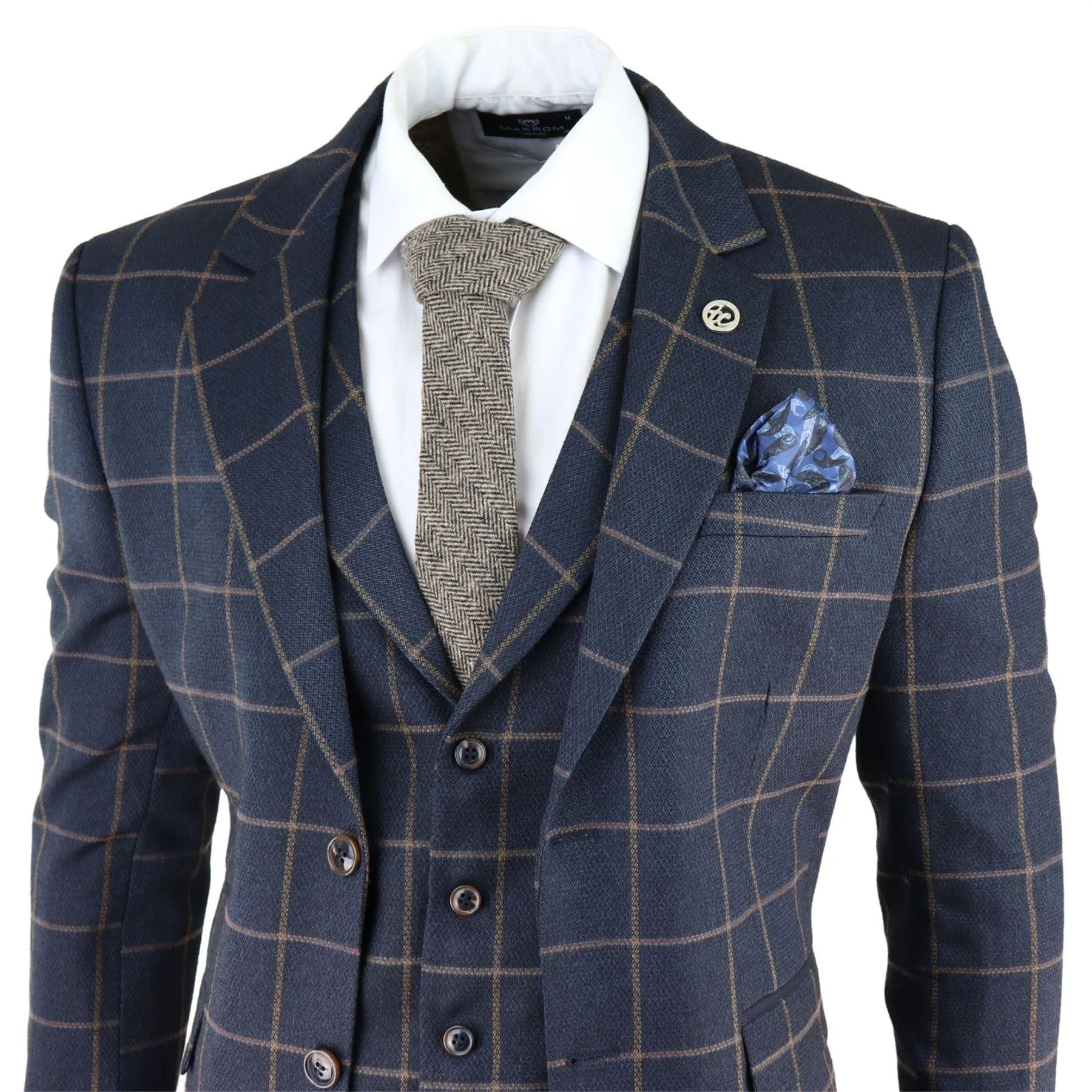 Mens Herringbone Tweed Navy Blue Check 3 Piece Wool Suit Tan