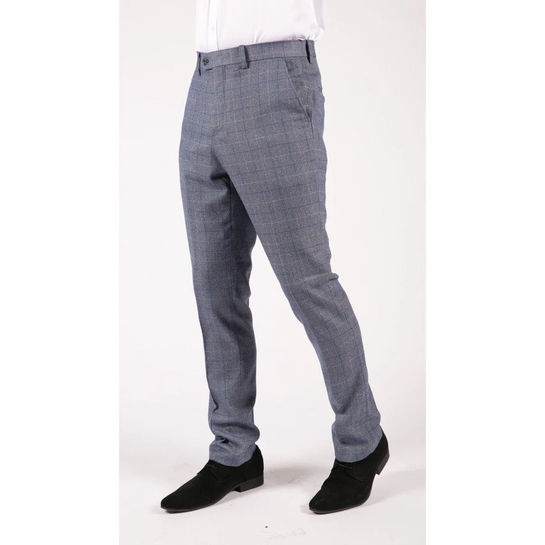 Mens Light Blue Check Marc Darcy Trousers Hilton Tailored Fit Slim Wedding