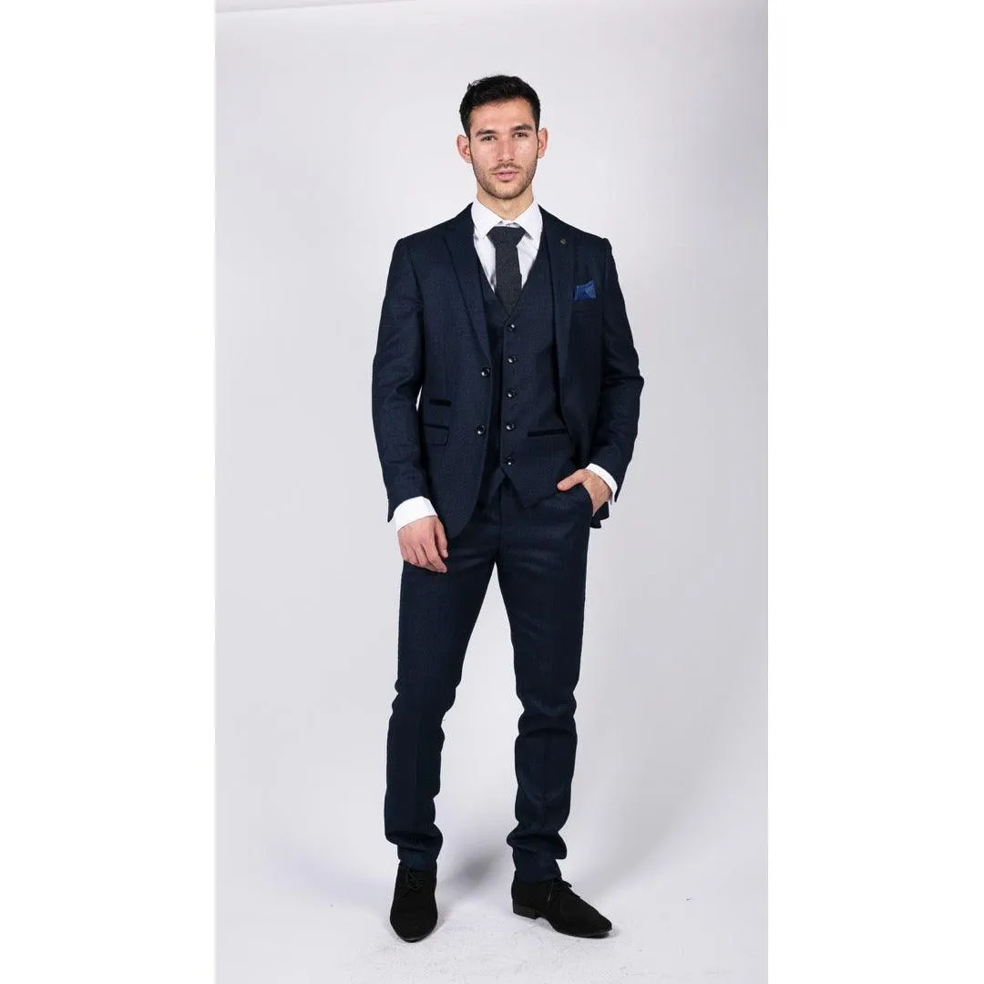 Mens Navy Blue 3 Piece Suit Birdseye Suit Wedding Prom Formal Smart Classic