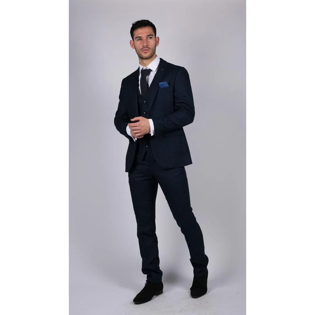 Mens Navy Blue 3 Piece Suit Birdseye Suit Wedding Prom Formal Smart Classic