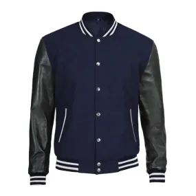 Mens Navy Blue Leather Varsity Jacket