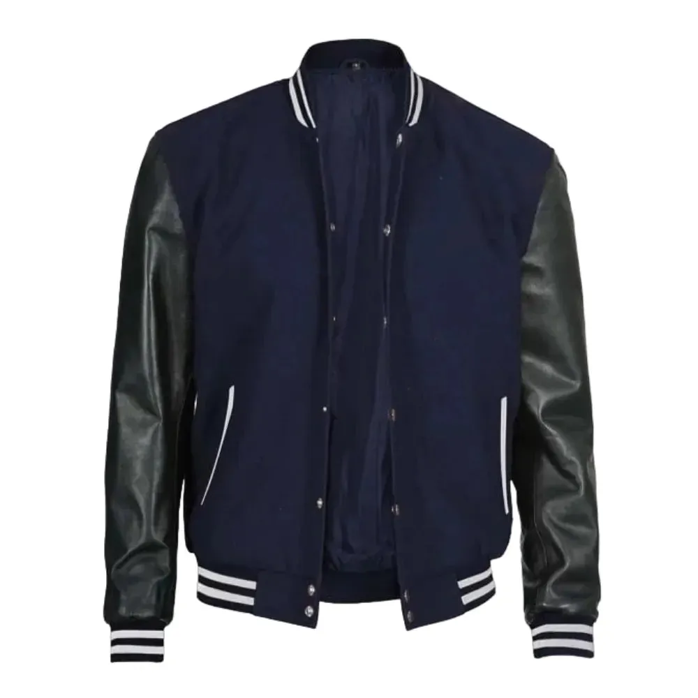 Mens Navy Blue Leather Varsity Jacket