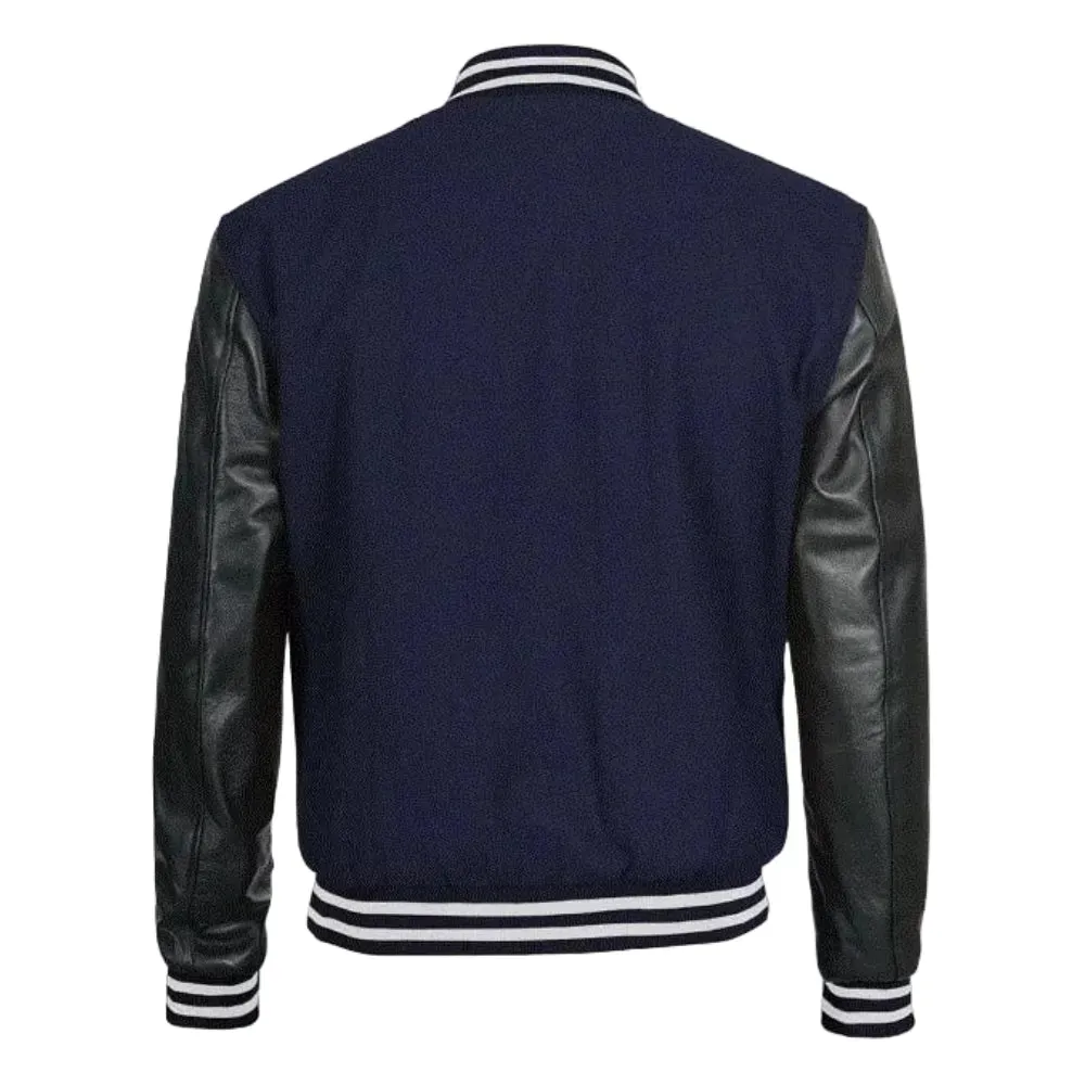 Mens Navy Blue Leather Varsity Jacket