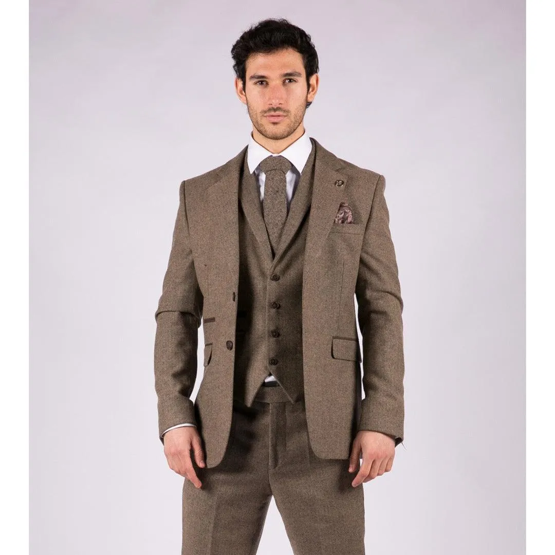 Mens Oak 3 Piece Tweed Suit Herringbone Wool Vintage Retro Fit