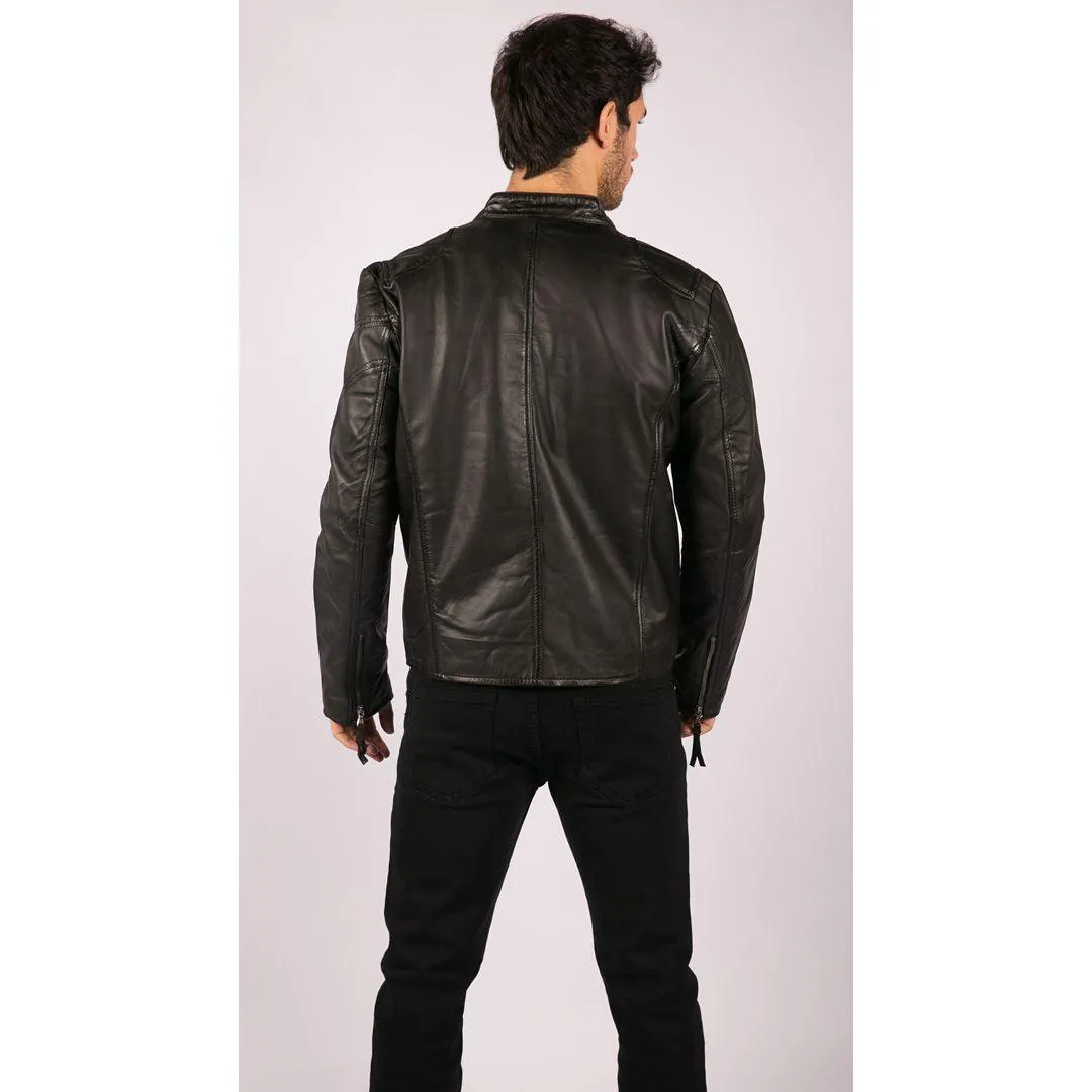 Mens Real Leather Jacket Biker Style Vintage Black Zipped Pockets Casual Fitted