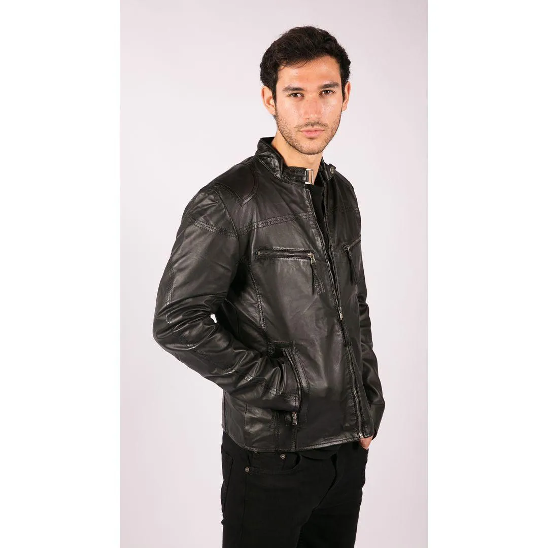 Mens Real Leather Jacket Biker Style Vintage Black Zipped Pockets Casual Fitted