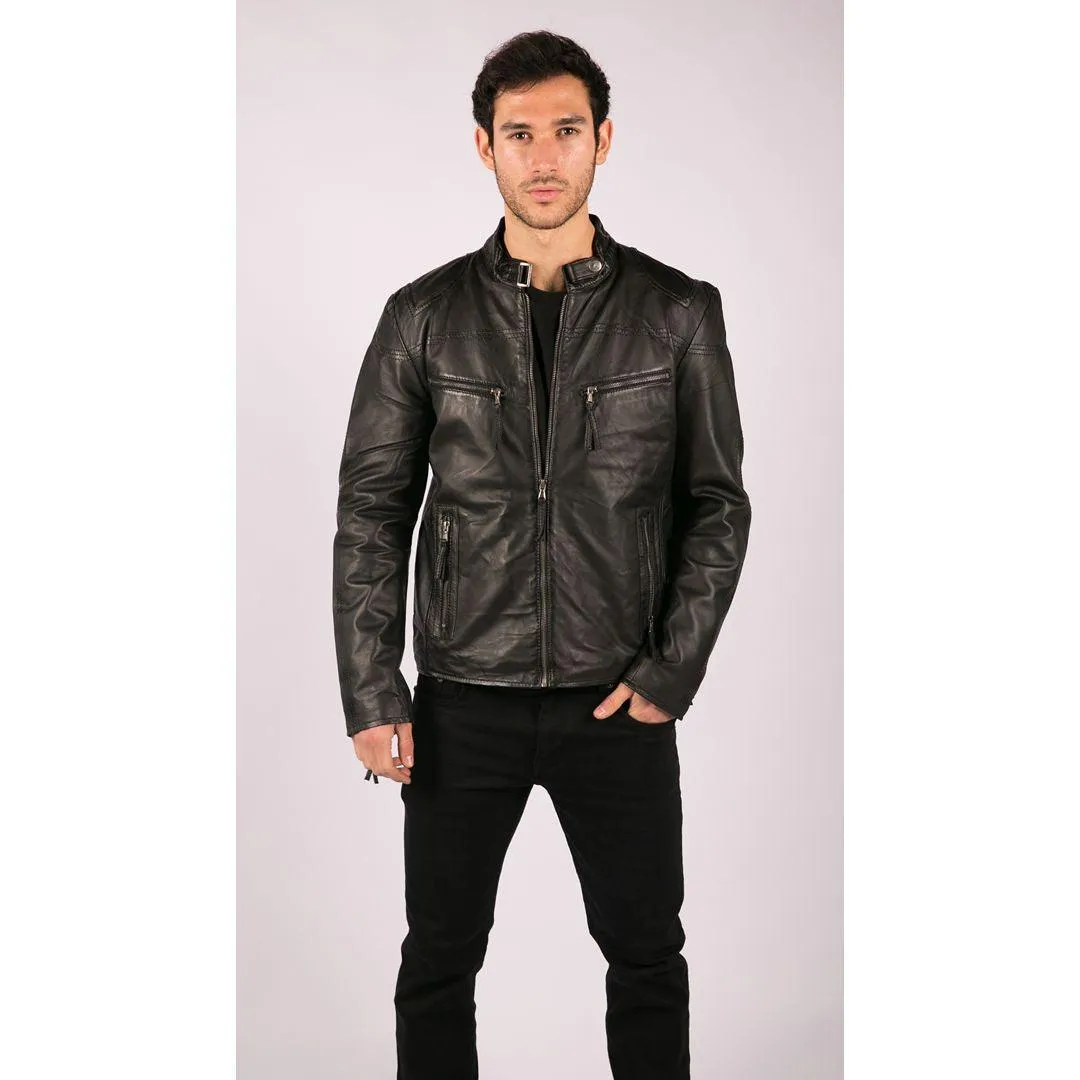 Mens Real Leather Jacket Biker Style Vintage Black Zipped Pockets Casual Fitted