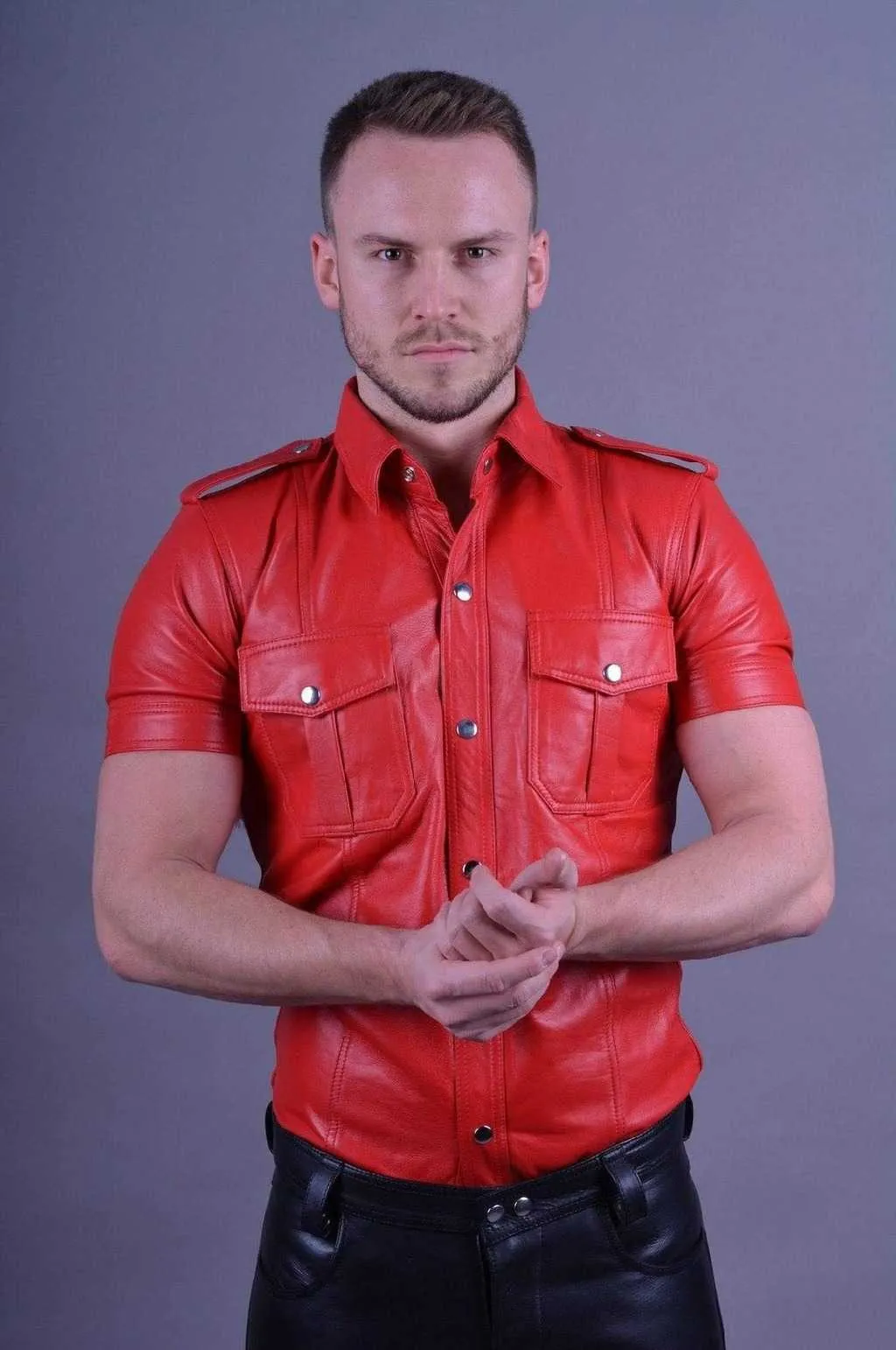 Men's Red Leather Short Sleeve Button Up Shirt