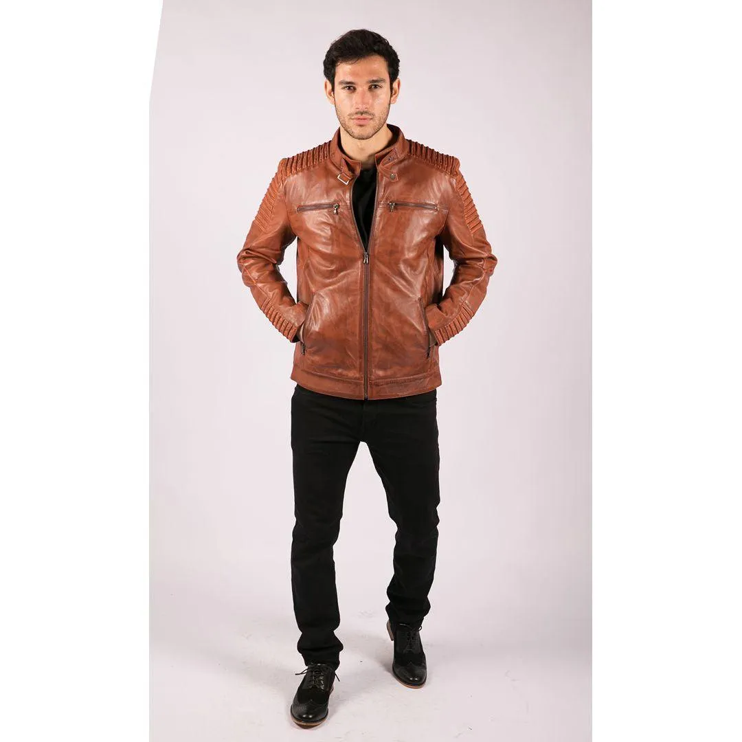 Mens Slim Fit Tan Brown Washed Vintage Real Leather Jacket Zipped Casual