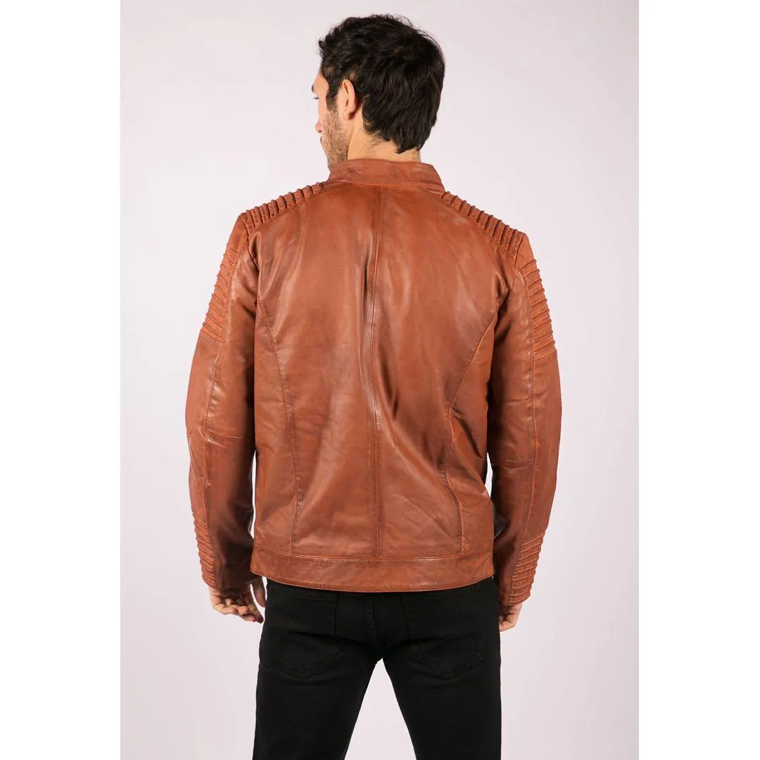 Mens Slim Fit Tan Brown Washed Vintage Real Leather Jacket Zipped Casual