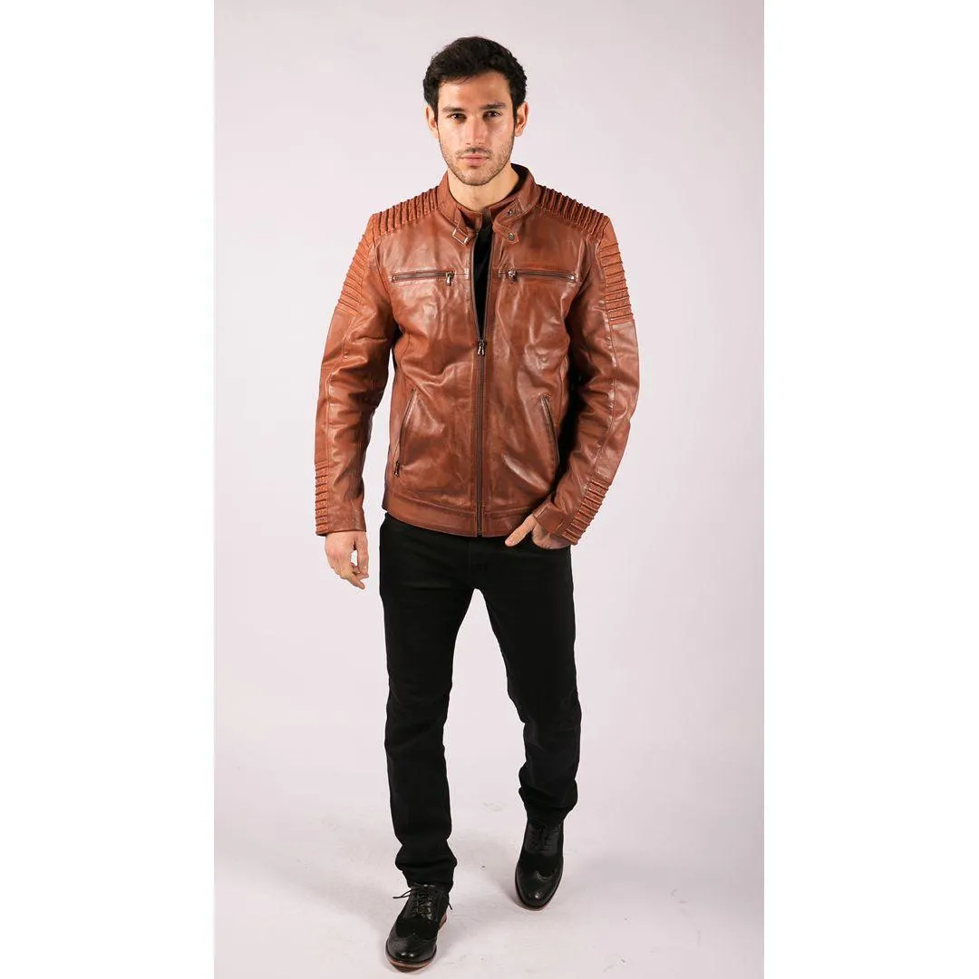 Mens Slim Fit Tan Brown Washed Vintage Real Leather Jacket Zipped Casual