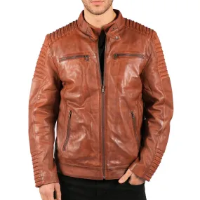 Mens Slim Fit Tan Brown Washed Vintage Real Leather Jacket Zipped Casual