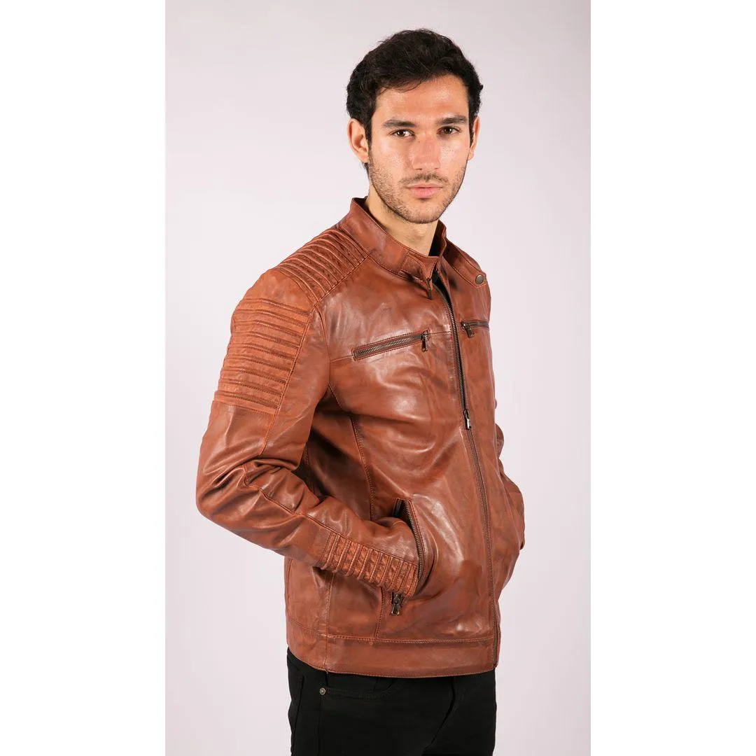 Mens Slim Fit Tan Brown Washed Vintage Real Leather Jacket Zipped Casual