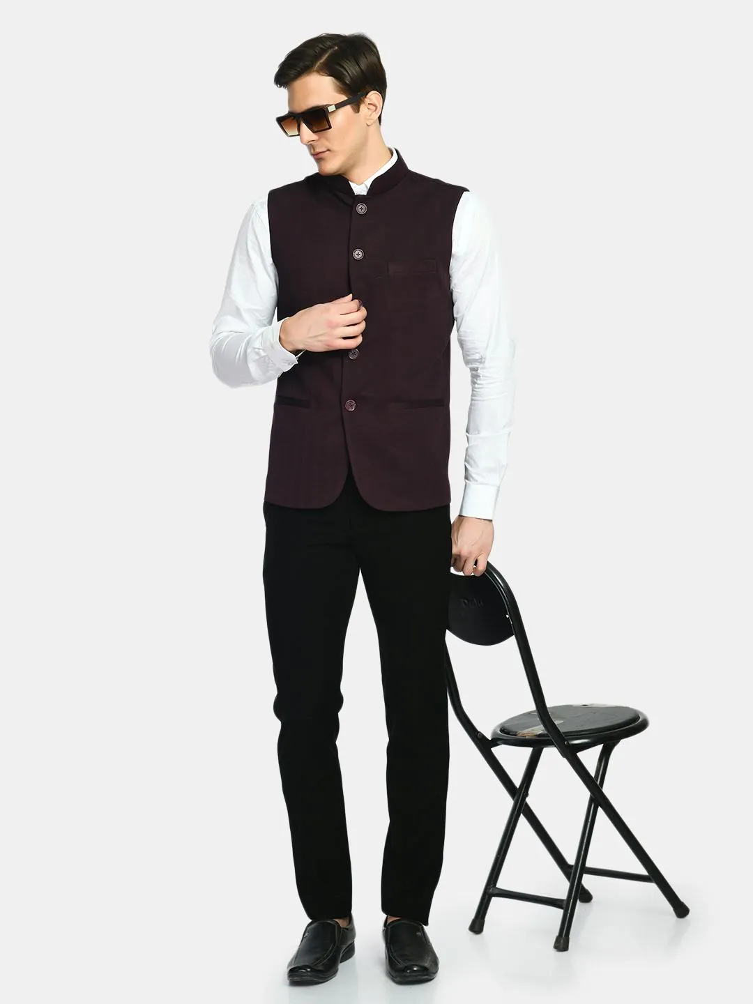 Men's Solid Knitted Slim Fit Nehru Jacket