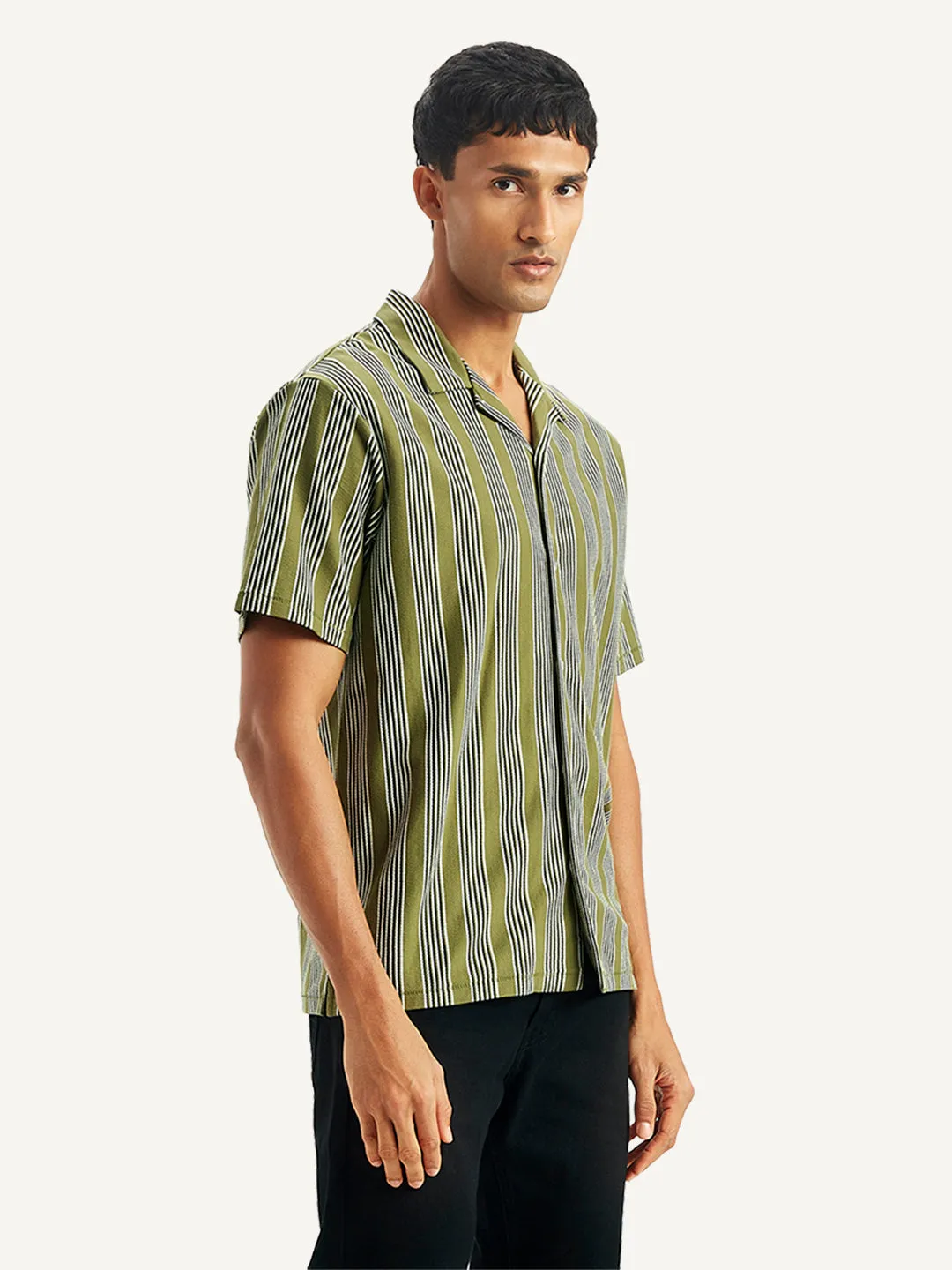 Men's Striped Regular Fit Camp Shirt