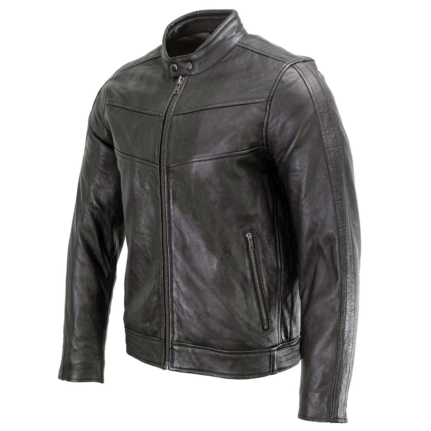 Milwaukee Leather Men's Black Cafe Racer Leather Jacket with Snap Button Collar SFM1835