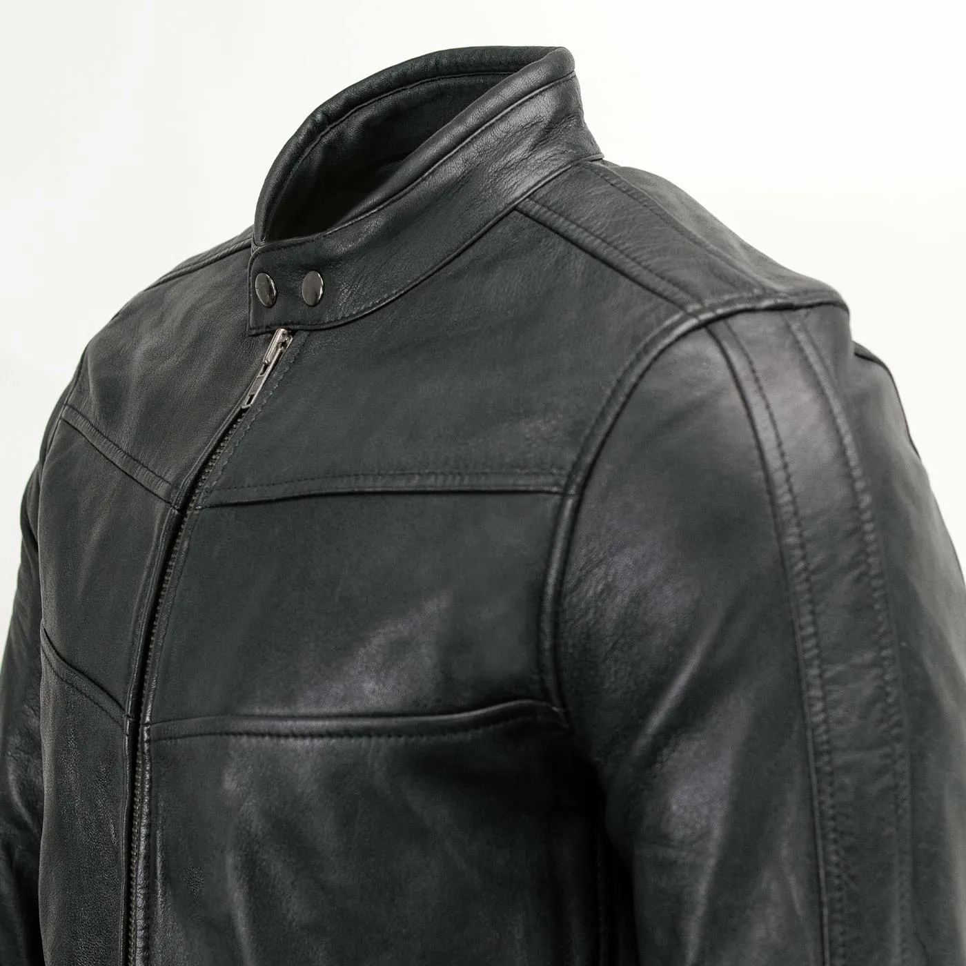 Milwaukee Leather Men's Black Cafe Racer Leather Jacket with Snap Button Collar SFM1835