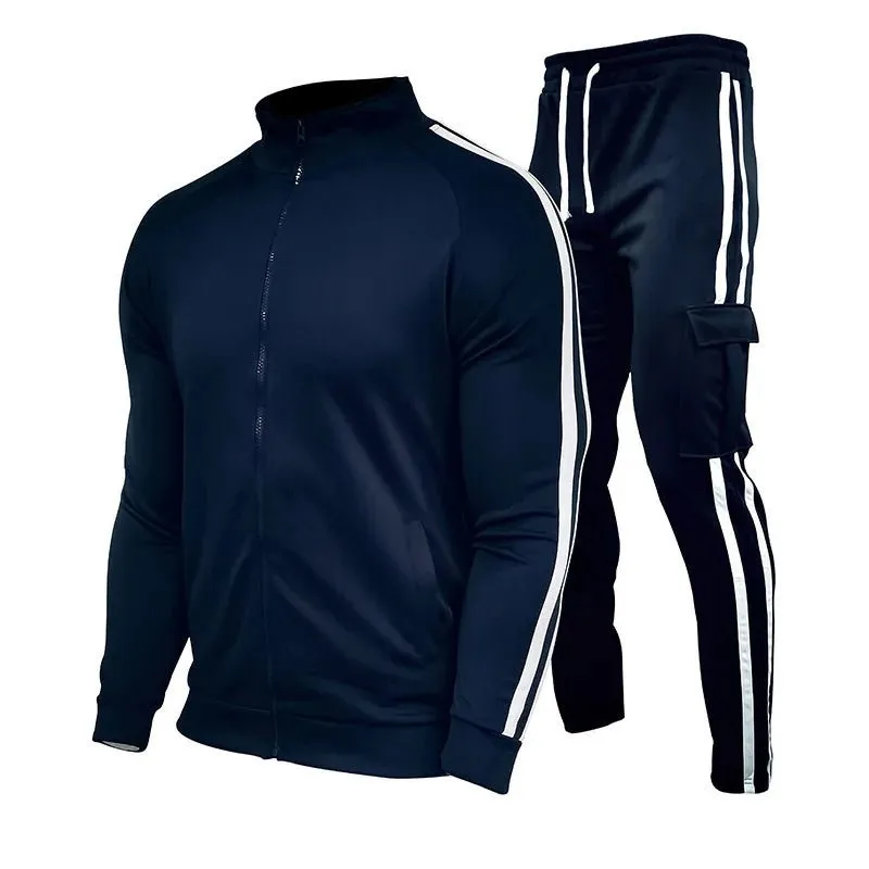 Plus Size Men's Jogging Sport Set with Three Stripes Stand Collar Zipper Workout Sports Suit Outdoor Running Sets