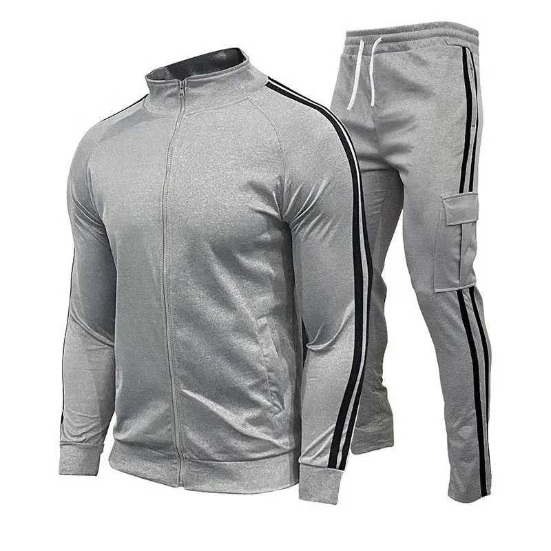 Plus Size Men's Jogging Sport Set with Three Stripes Stand Collar Zipper Workout Sports Suit Outdoor Running Sets